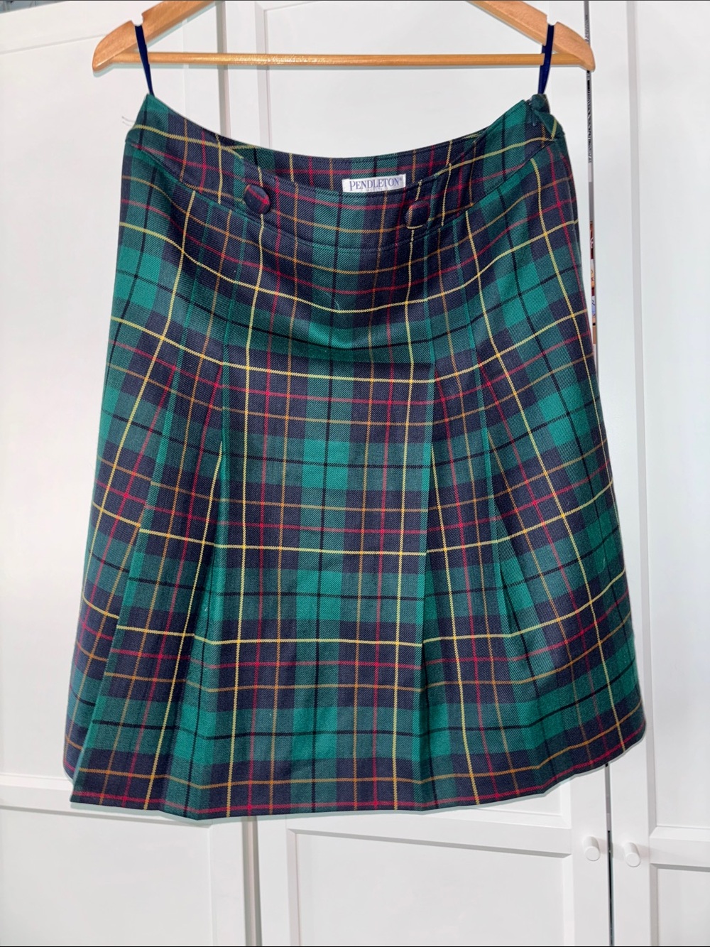 Pendleton Green Tartan Pleated A-Line Skirt with Red & Yellow Accents